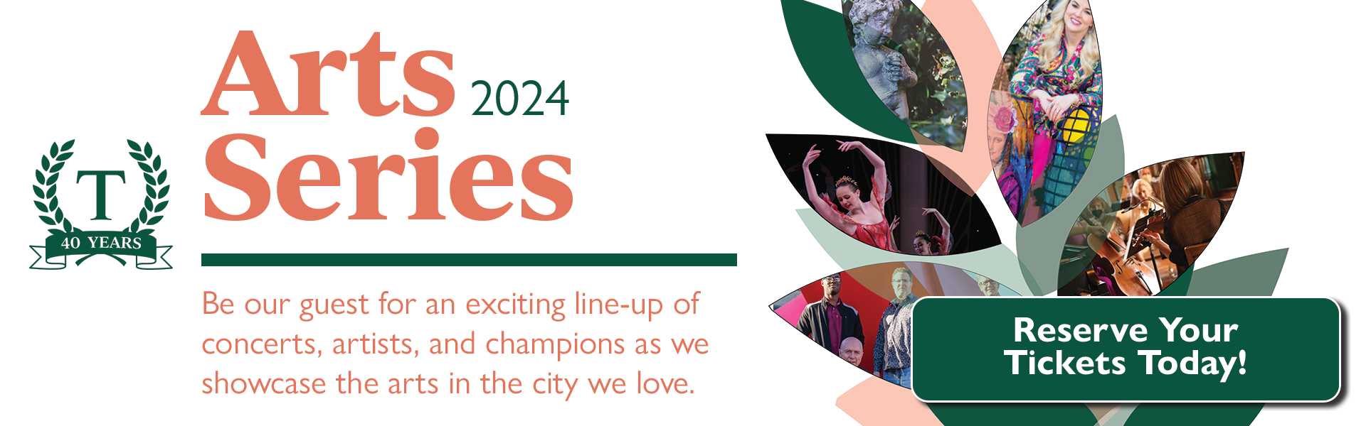 First banner promoting Arts Series 2024 with logo and leaf design.