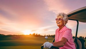 Adult or retired woman driving a cart through a golf course a woman wearing pink sunglasses and holding golf club Treyton Oak Towers