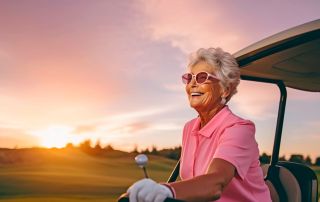 a woman wearing pink sunglasses and holding golf club Treyton Oak Towers