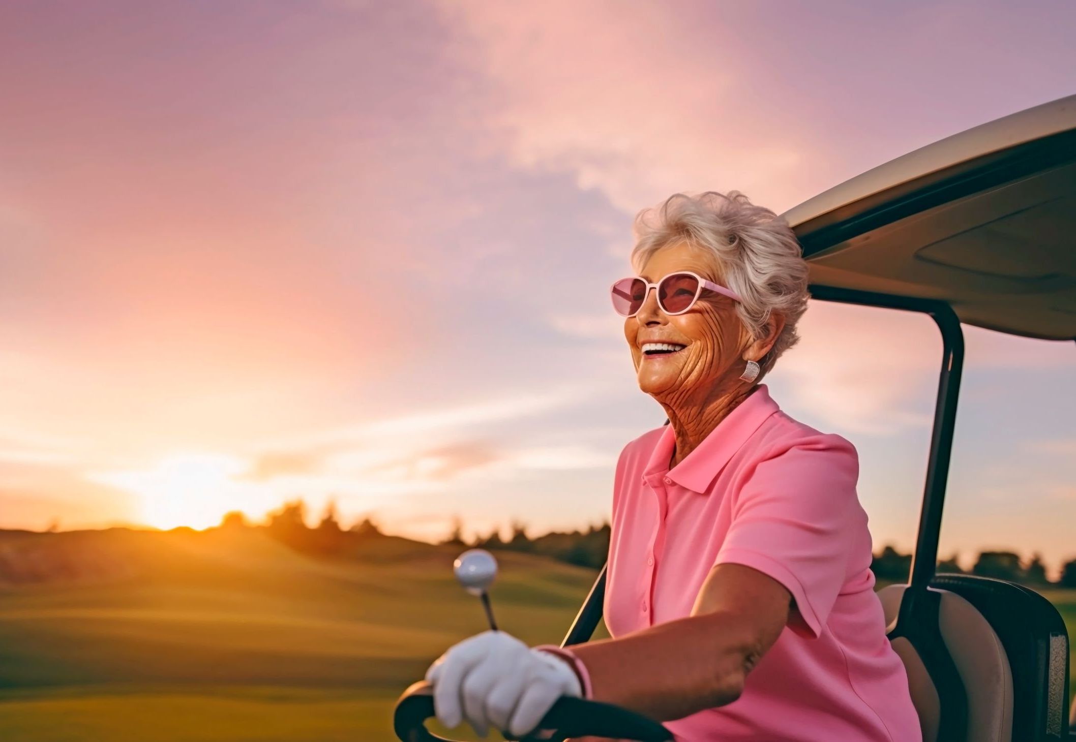 a woman wearing pink sunglasses and holding golf club Treyton Oak Towers